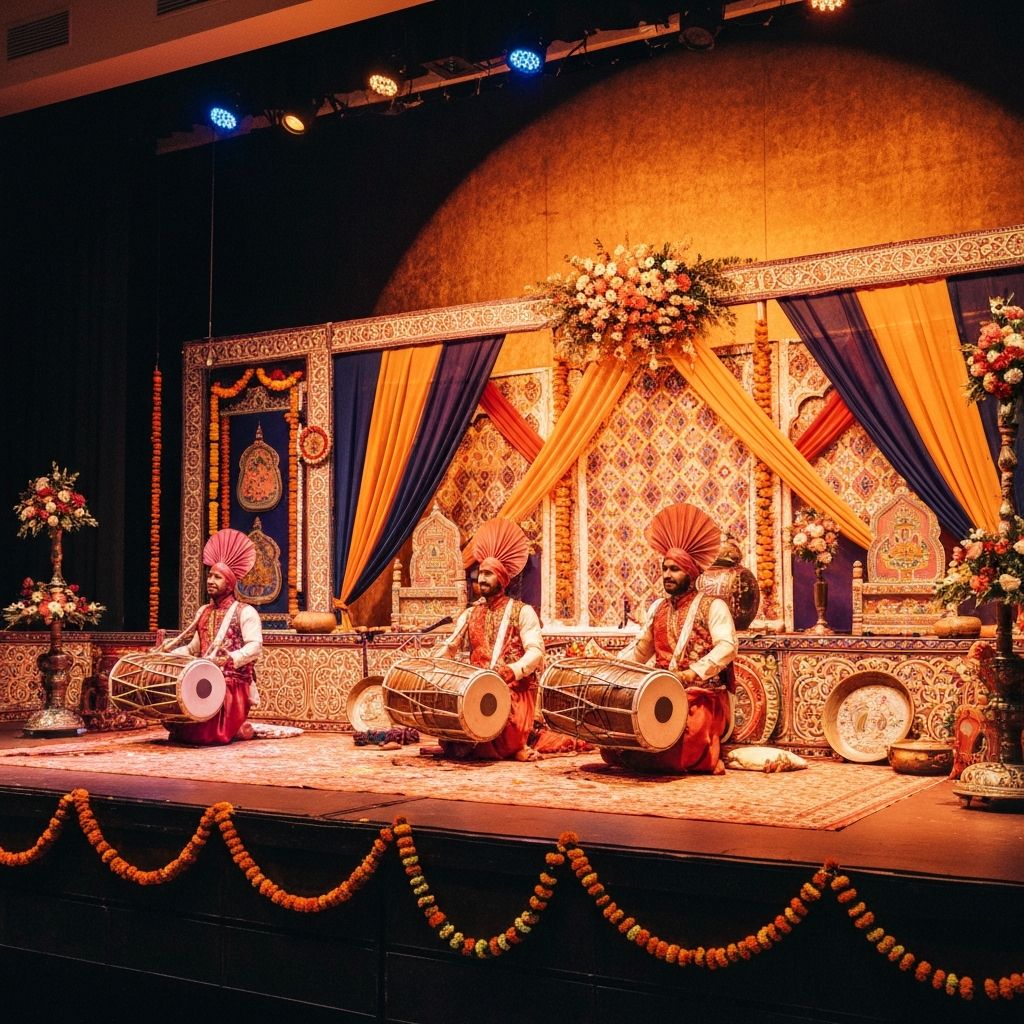 Bhangra performance stage with traditional props, vibrant fabrics and festive lighting